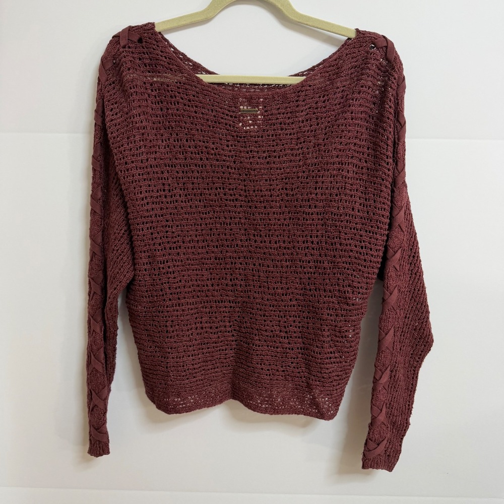 Billabong Womens Burgundy Open Knit Lace Up Sweater Small Boho Coastal Festival - Picture 7 of 10